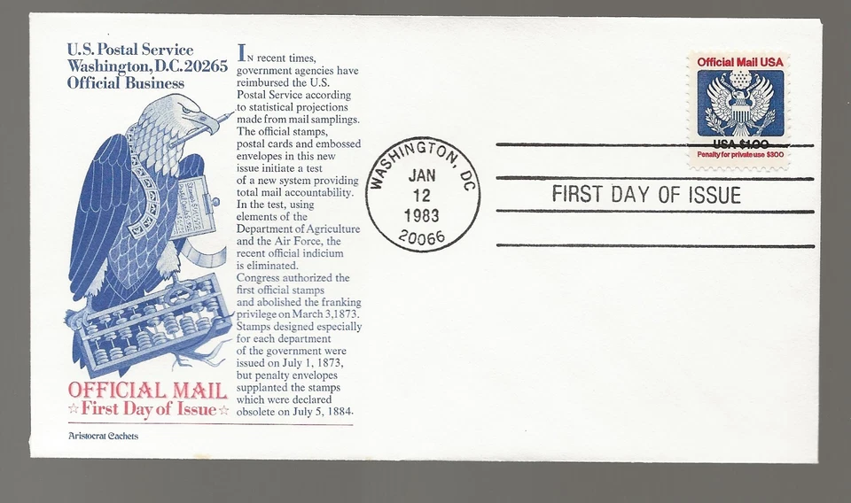 US Scott #O132, First Day Cover 1/12/83 Washington DC Single Official - Image 1 of 1