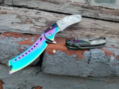 Rainbow White Marble Inlay Spring Assisted Pocket Knife 3CR13  EDC Tip Up Carry - Image 1 of 4
