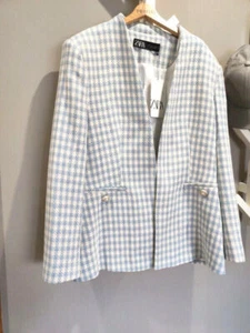 ZARA NEW HOUNDSTOOTH DOUBLE-BREASTED BLAZER ECRU BLUE SALE PRICE XS-XL 2145/509 - Picture 1 of 7