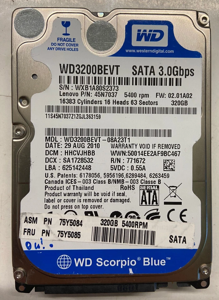 WD Scorpio Blue 320gb WD3200BEVT-08A23T1 Hhcvjhbb 2061-771672-F04 Aa 2.5 SATA - Image 1 of 1