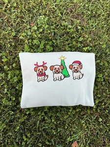 Christmas Pugs Machine Embroidered Crewneck Sweatshirt - Picture 1 of 9