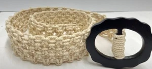 Vintage Heavy Off-White Macrame Black Wood Buckle Belt - 36" - Picture 1 of 5