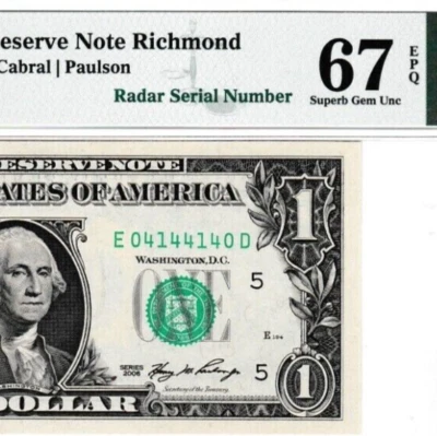 $1  ONE DOLLAR Federal Reserve note FANCY RADAR  Serial Number  04144140  PMG 67 - Image 1 of 3