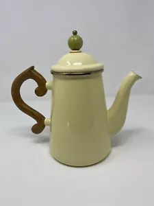 Vintage Mackenzie-Childs Yellow Enamelware Coffee Pot Wooden Handle Pastel - Picture 1 of 11