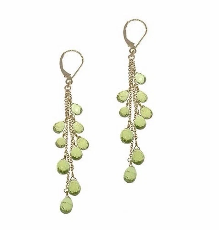 Peridot Gold Earrings 14k Yellow Gold Leverback Chandelier Briolette Drop Chains - Image 1 of 1