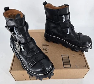 Black Leather Skull & Bones Goth Biker Boots 1809-255 Sz 10/Men Sz 11.5/Women - Picture 1 of 22