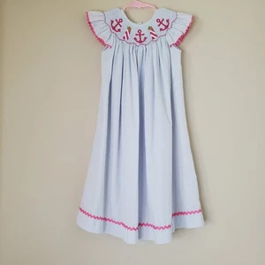 Banana Split Girls Smocked Seersucker Dress Size 5 Blue Pink Nautical Classic - Picture 1 of 7