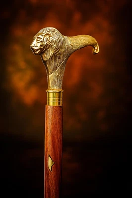 Antique Style Wooden Walking Stick Vintage Designer Cane with Solid Lion Head - Image 1 of 3