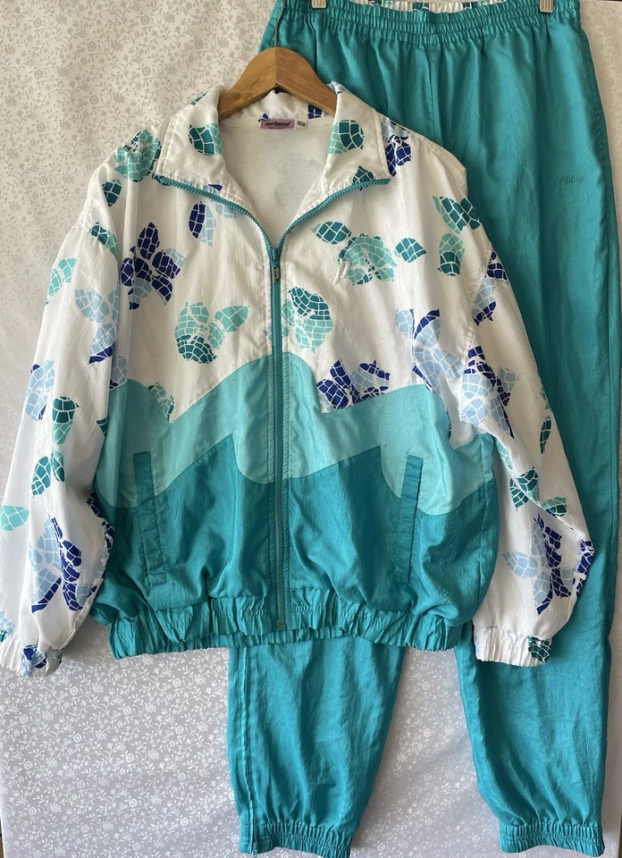 Prince 2 Pcs Set Tracksuit Tennis Jacket Pants green /white Floral M FullZip Vtg - Image 1 of 4