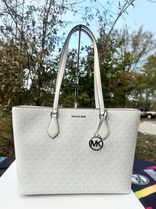 Michael Kors Sheila Tote Leather Optic White Large Zip tote Mk Logo Handbag - Picture 1 of 14