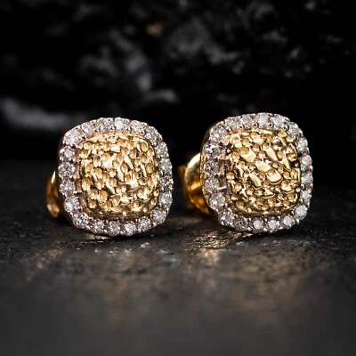 Aretes cuadrados de diamantes naturales de dos tonos de oro amarillo de 14K para hombre Foto 1 de 4