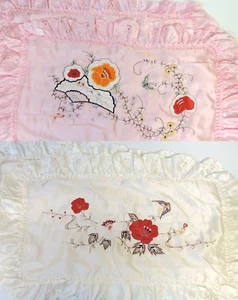 Pair Vintage Embroidered Satin Pillowcases Frilled Ruffle Border Rose Butterfly - Picture 1 of 13
