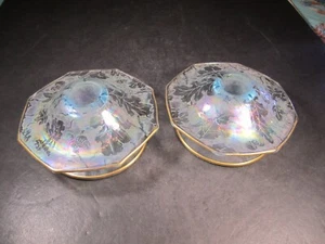 VTG Fostoria Glass IceBlue Brocaded Acorns Pattern Carnival Glass Candle Holders - Picture 1 of 6