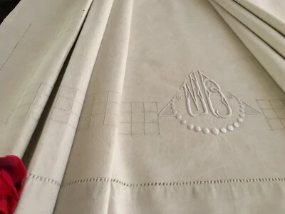 Drap en lin  M-B brodé main 208 x 300 cm Linge ancien Broderie  /1876 - Photo 1/4