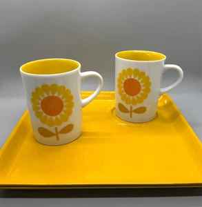 2 Vintage Retro Mod Serenade JSC Yellow Sunflower Mugs w/ Serving Plate Tray Set - Picture 1 of 6
