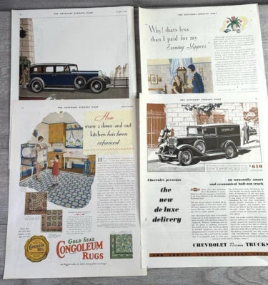 Lote De Colección De 4 Anuncios Impresos GRANDES Art Deco Sat Eve Post 1930-31 Alfombras Congoleum y Automáticas Foto 1 de 4