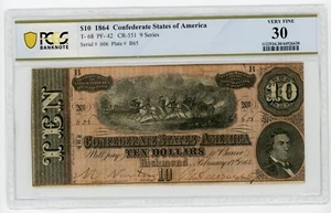 1864 $10 CSA Confederate Note Fancy Low Binary Serial #606 T-68 PCGS 30     C016 - Picture 1 of 2