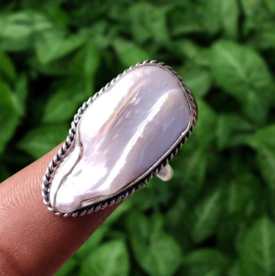 A+ 天然琵琶珍珠宝石戒指 925 纯银镀层珠宝 美国尺寸 10 — 第 1/4 张图片