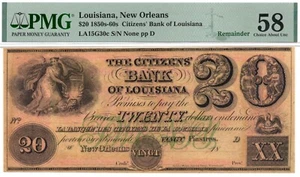 1850-60s $20 Citizens Bank of Louisiana, New Orleans Obsolete - PMG AU58! Auswahl - Bild 1 von 3