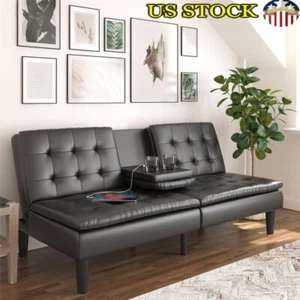 Memory Foam Futon Sofa W/ USB Charging Port Cupholder Living Room Lounge Black - Picture 1 of 23