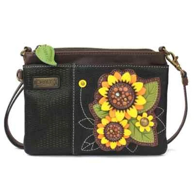 NEW CHALA BLACK SUNFLOWER GROUP MINI LASER CUT CROSSBODY CELL PHONE PURSE BAG - Image 1 of 4