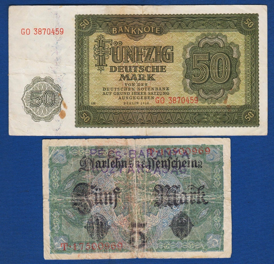 50 Mark 1948 DDR Germany banknotes  + 5 Mark 1917 War stamp PECS BARANYA ! - Image 1 of 2
