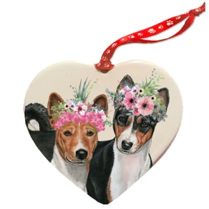 Basenji Porcelain Floral Heart Shaped Ornament Double-sided - Picture 1 of 2