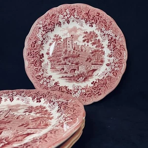 4 J&G Meakin Merrie England Haddon Hall Red Transferware Ironstone Dinner Plates - Picture 1 of 11