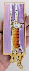Wooden Tiger Striped Mischievous Cat Magnet 1.5" x 4.5" x 1/8" - Picture 1 of 2