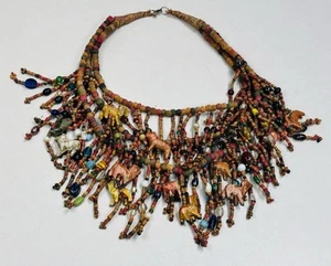 Primitive Vtg Necklace Hand Carved Wood Safari Animals Retro Boho Hand Made - Picture 1 of 5