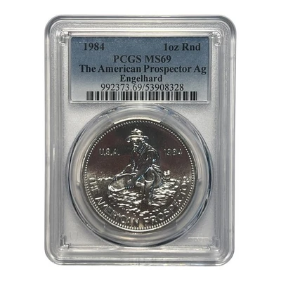 1984 Engelhard Prospector 1 oz Silver Round E Reverse • PCGS MS69 Fine Silver 7A - Image 1 of 2
