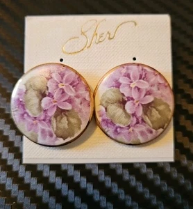 Vintage 1980er Jahre African Violet Porzellan Ohrringe Goldrand NEW OLD STOCK  - Bild 1 von 4