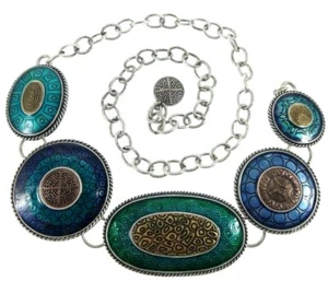 Cinturón de cadena esmaltado azul turquesa de 17-41" Chico's metal mixto suroeste occidental - Imagen 1 de 6