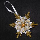 Handmade Snowflake CHRISTMAS Tree Decoration/Ornament White&Gold, Kanzashi