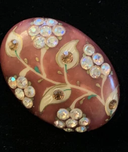 Vintage handbemalte Kunst Harz Floral Strass Brosche - Bild 1 von 7