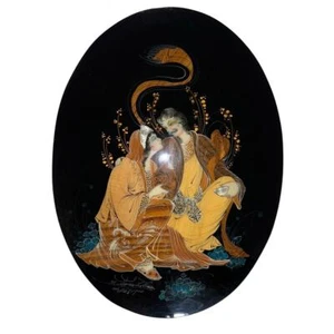 Vintage Volkskunst Moarragh Massoomi Perser Prinz & Prinzessin Oval Holz Intarsien - Bild 1 von 4