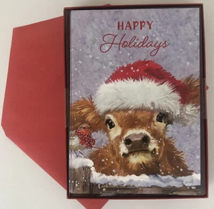 10 CHRISTMAS Leanin Tree Cards Box Set, COW, CUTE JERSEY CALF WEARING SANTA HAT - Picture 1 of 2
