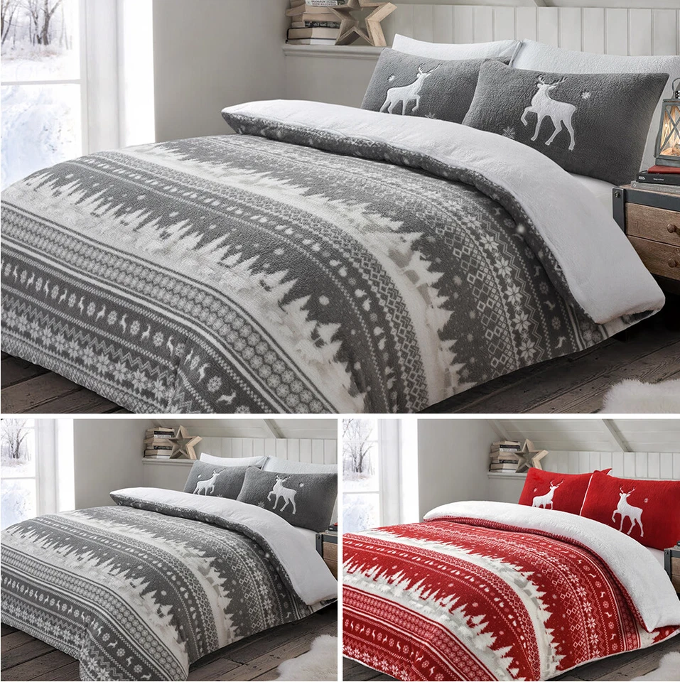 VELOSSO Soft Cosy Teddy Bedding Nordic Grey Red Christmas Duvet Cover & Pillowcase Set