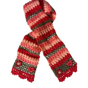 Pumpkin Patch Crochet Scarf Hearts Flowers Red Pink Green Kids Size Large NEW - Picture 1 of 7