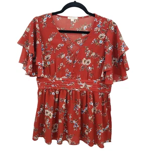 Cotton Bleu Boutique Red Floral Print Blouse Womens Large Short Sleeve Pleated - Picture 1 of 12