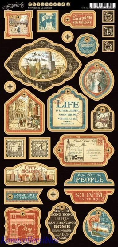 Graphic 45 G45 Cityscape Decorative Chipboard International Travel