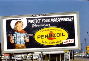 1958 35mm Slide~KODACHROME PENNZOIL COWBOY "PROTECT YOUR HORSEPOWER" BILLBOARD - Picture 1 of 3