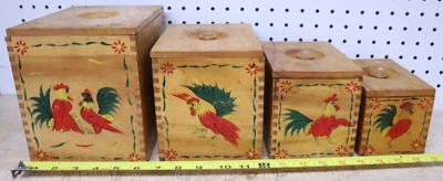 Vintage Primitive Wood Rooster Canister Set Of 4 Dovetail Construction - Japan - Image 1 of 4