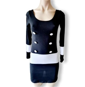 Black+ and white long-sleeve, short, jumper dress with button detail - Picture 1 of 5