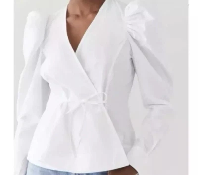 Jason Wu | Blusa Top envolvente manga larga de algodón blanco crujiente talla pequeña Foto 1 de 4