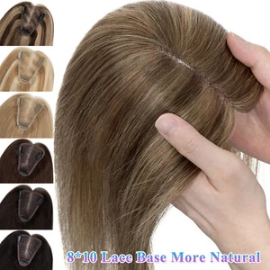 Clip en Remy Cabello Humano Topper Toupee Seda Encaje Base Mujeres Top Pelucas EE. UU. - Imagen 1 de 92