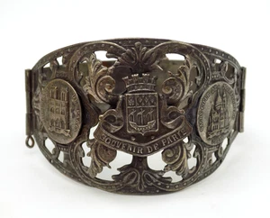 PULSERA BRAZALETE ANTIGUO PLATO PLATA AMOR FRANCÉS 'SOUVENIR DE PARIS' - Imagen 1 de 8