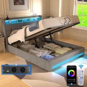 Polsterbett LED Doppelbett mit Ladestation mit Kopfteil Bettgestell Stauraumbett - Bild 1 von 21