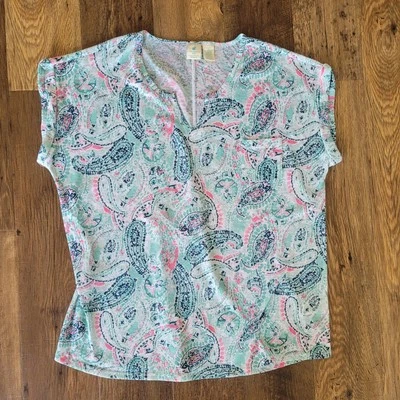Caribbean Joe Womens 2X Paisley Blue/Pink Short Sleeve Shirt Beach Pool Vacation - Image 1 of 4
