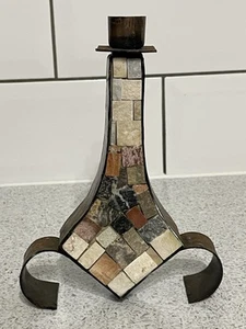MODERNIST KIBBUTZ EILON HAMMERED COPPER & HOLY LAND STONE SABBATH CANDLESTICK - Picture 1 of 8